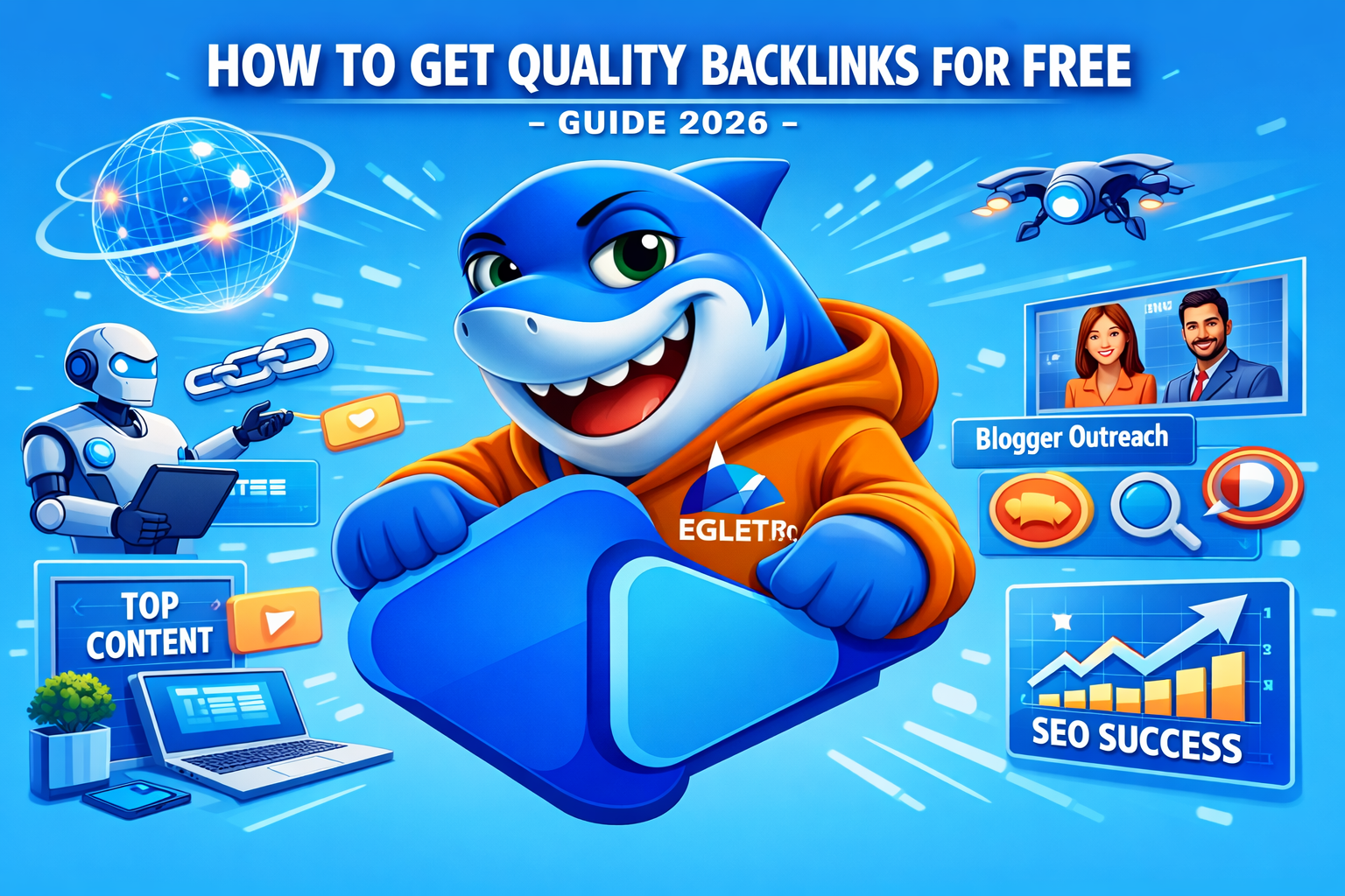 How to Get Quality Backlinks for Free – Guide 2026 Egletr shark mascot presenting free backlinks guide 2026 with SEO icons and graphs