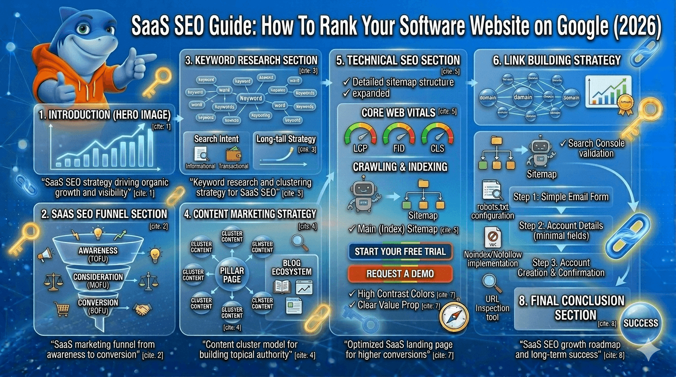 SaaS SEO Roadmap & Long-Term Success Guide A comprehensive SaaS SEO Guide infographic in blue, featuring a shark cartoon and detailed steps for technical SEO, keyword research, link building, and content marketing.