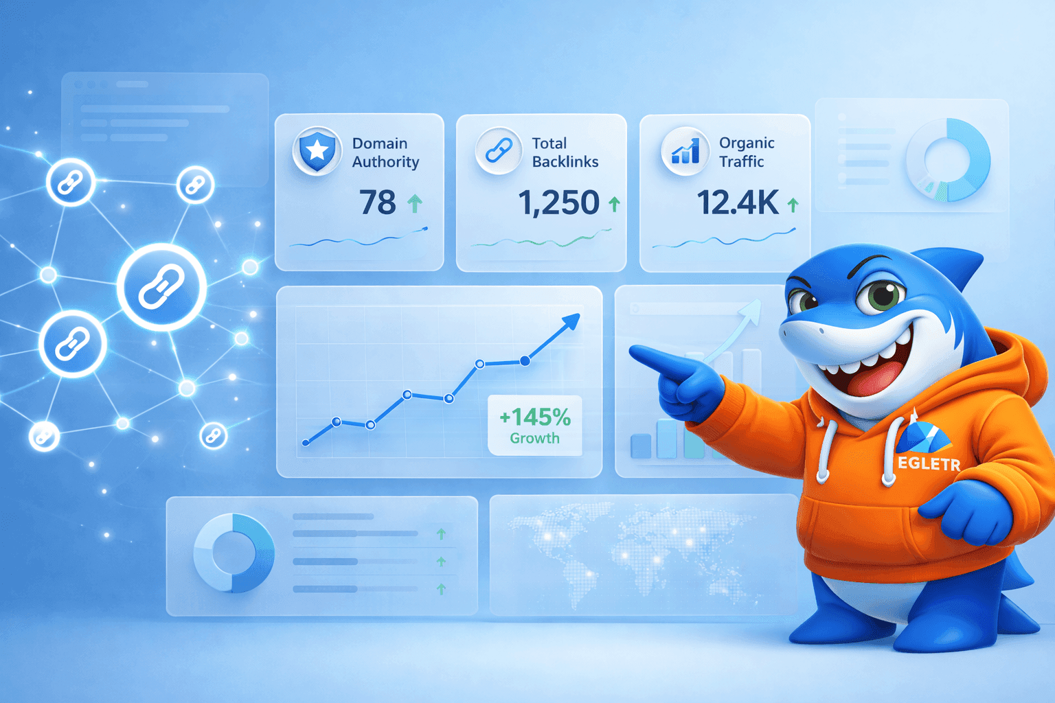 Egletr SaaS link building service illustration showing backlinks, SEO growth, and authority building