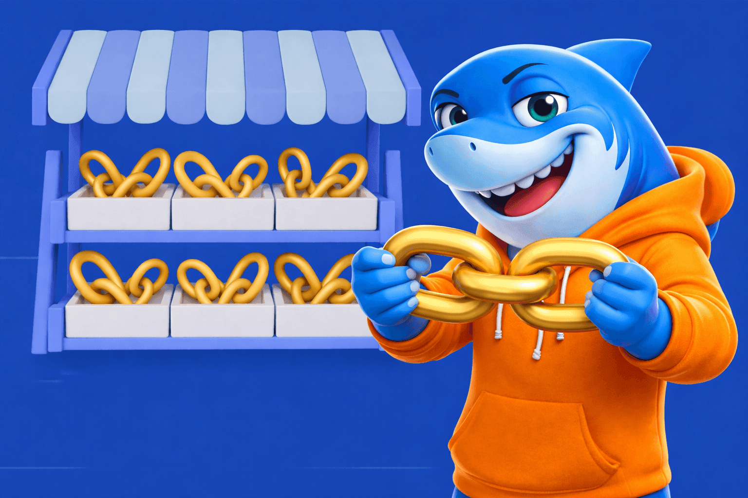 Blue shark mascot holding a golden chain link in front of a link building marketplace stall filled with SEO backlink opportunities